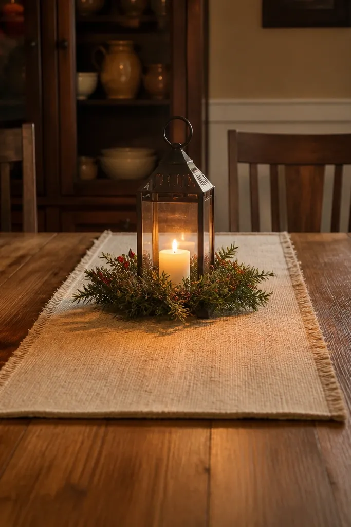 Short fabric runner with a small lantern placed toward the back of the table