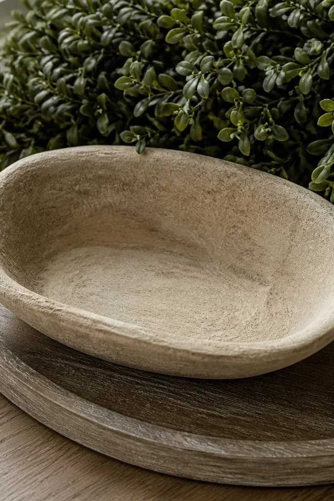 Tray with a shallow dough bowl and one small height layer of faux greenery