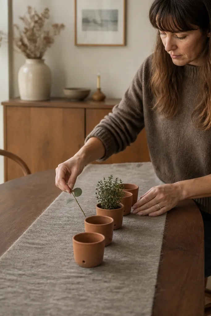 Felt runner with three small terracotta pots lined across the center