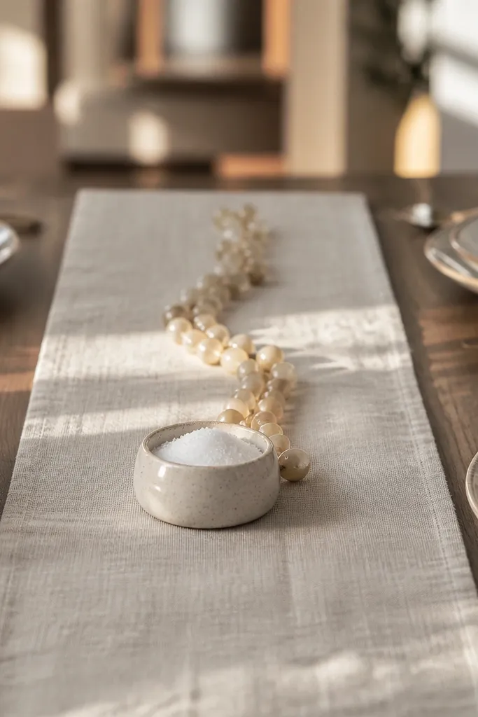 Short runner with a thin bead garland and a small ceramic salt cellar