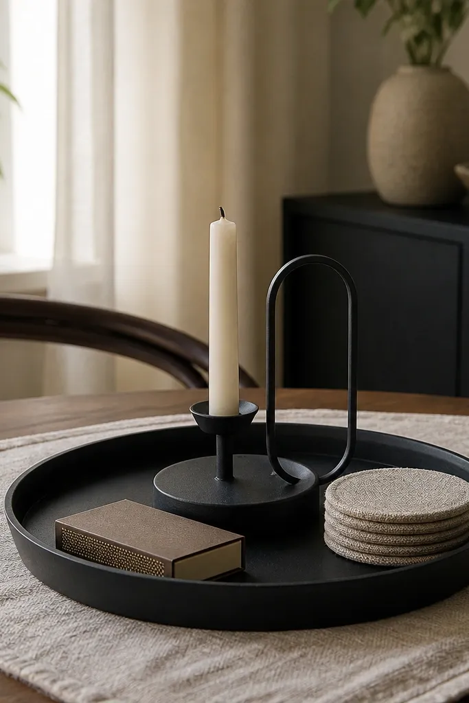 Small tray with a candle holder, a matchbox, and stacked coasters