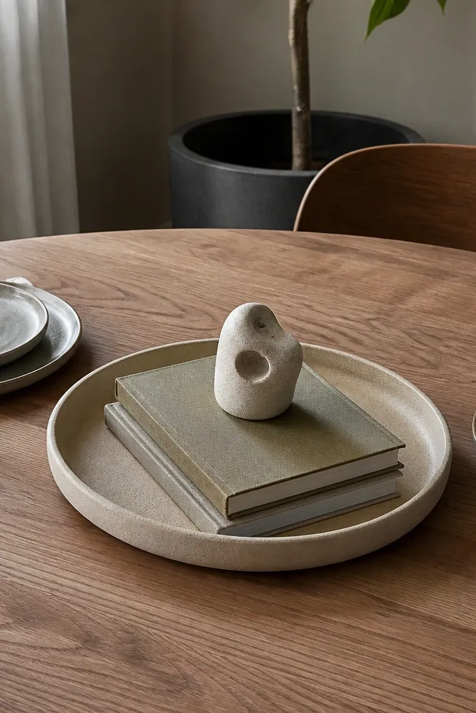 Tray with two stacked books and a small sculptural decor piece