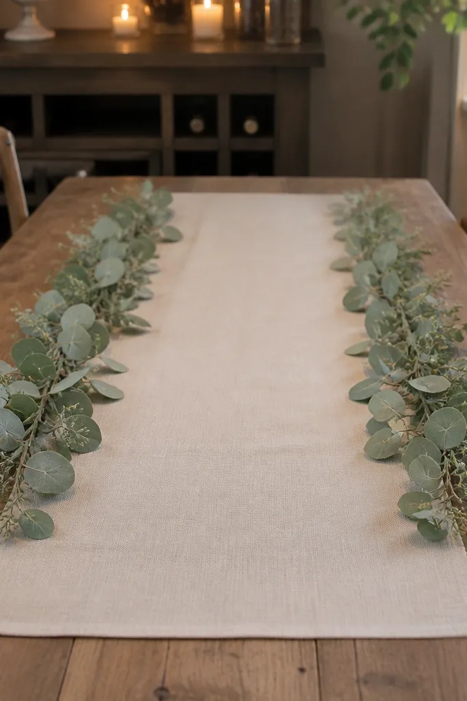 Short runner with low garland and two matching glass votive candles