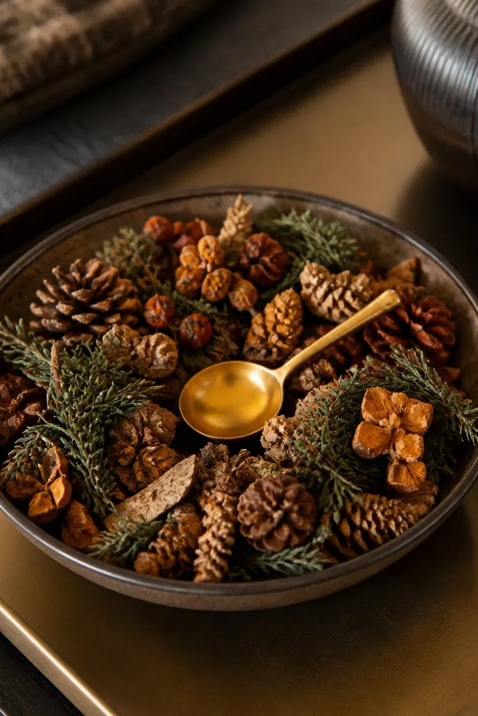 Tray with a shallow bowl of potpourri and a small brass spoon