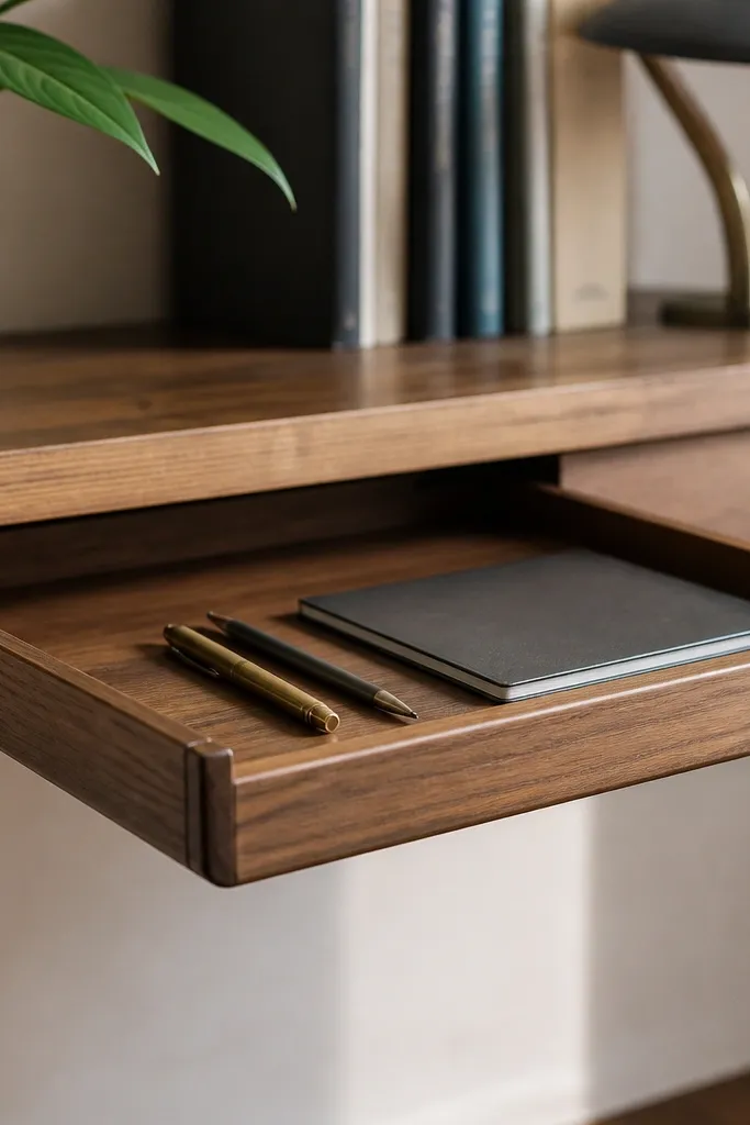 Wood tray with a front lip sitting on a desk