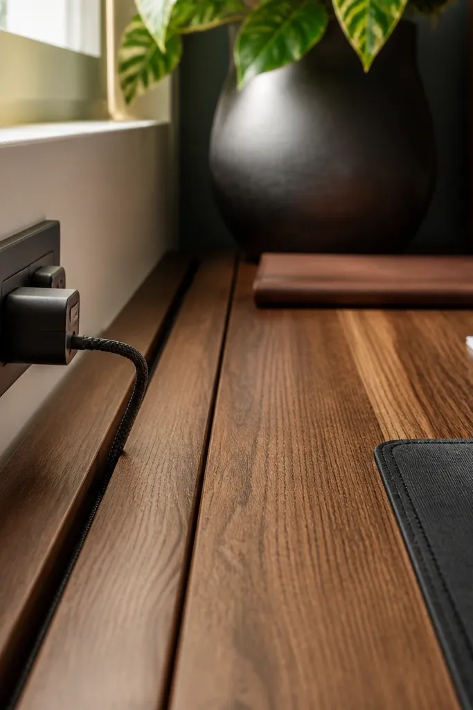 Wood strip with a channel hiding desk cables