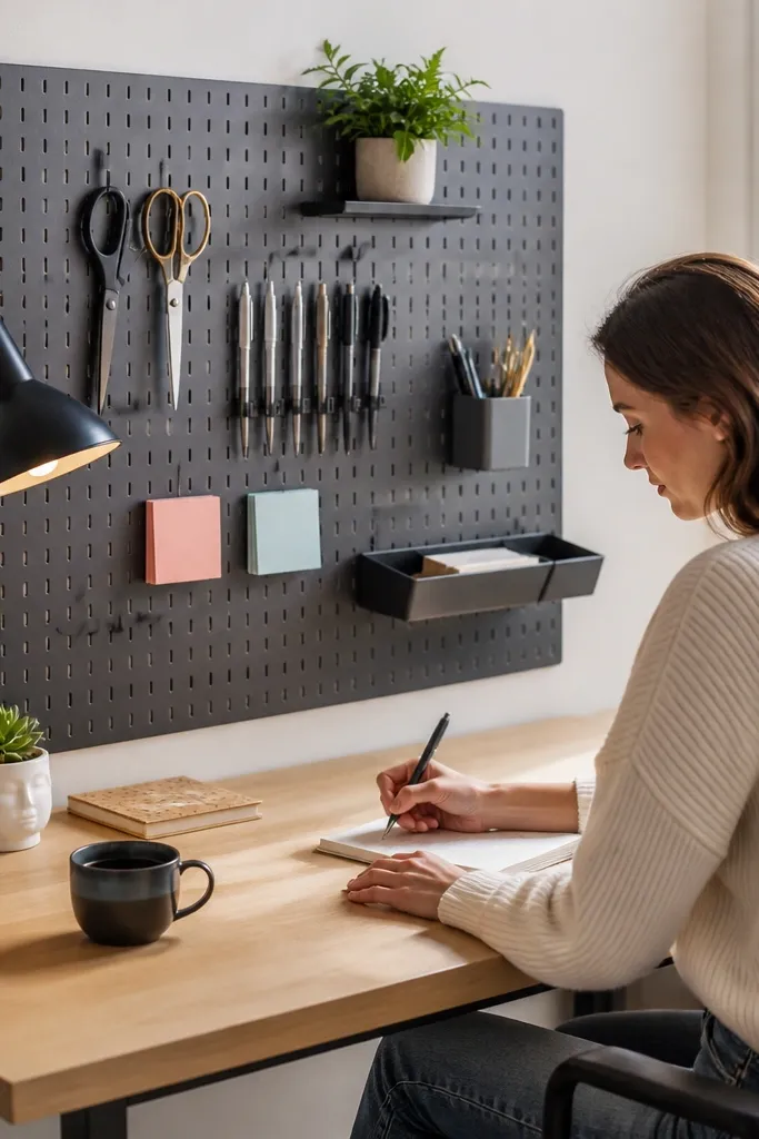 Pegboard mounted behind desk with hooks and shelves