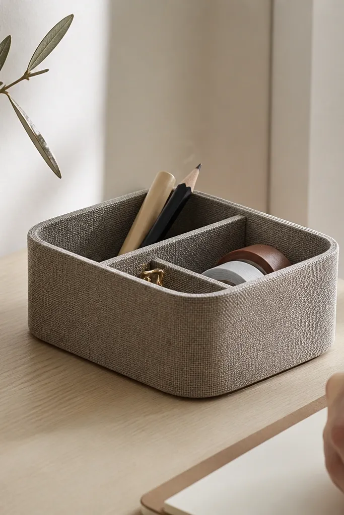 Small desk organizer box with rounded corners on tabletop