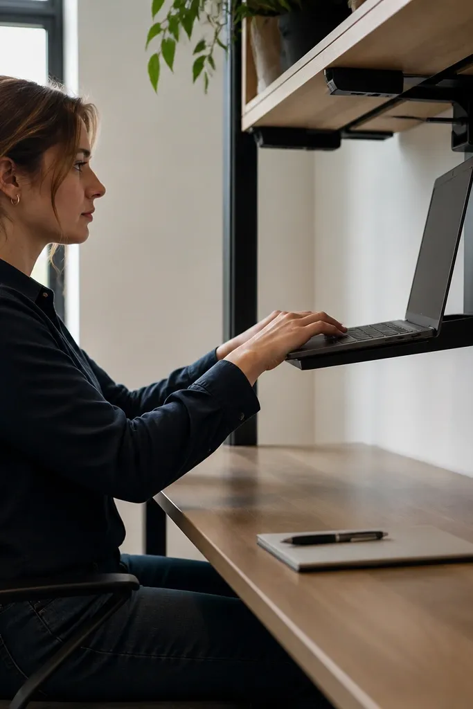 Matte black shelf under desk holding a laptop