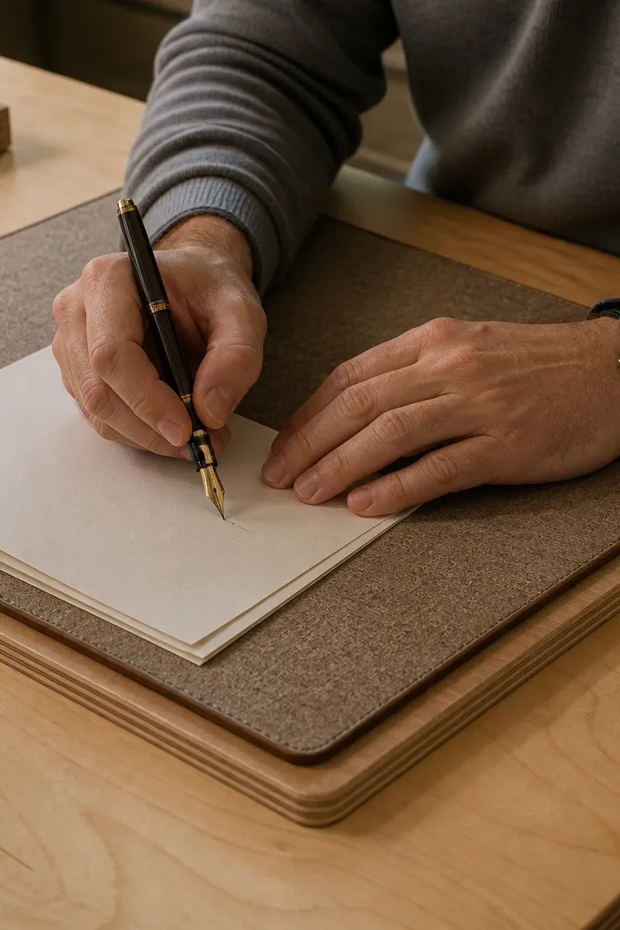 Large writing pad on plywood base on desk