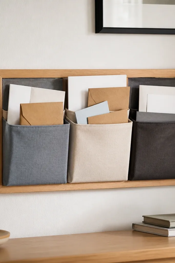 Wall frame with fabric bins for papers