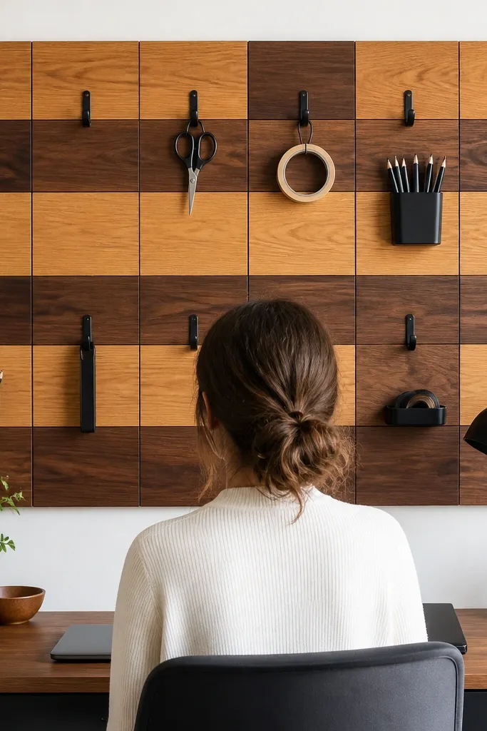 Wood panel with alternating stain blocks and hooks