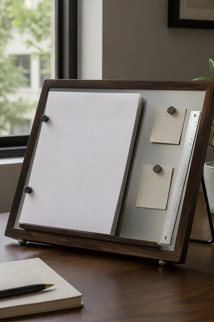 Notebook stand with a metal strip holding notes
