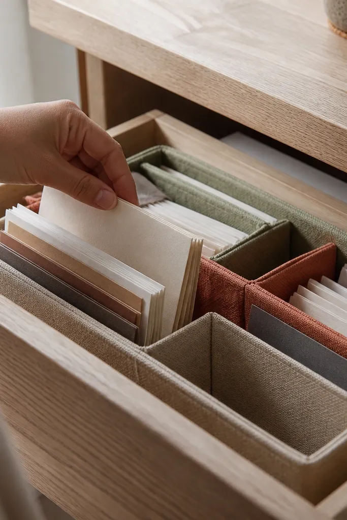 Fabric organizer with compartments inside a desk drawer