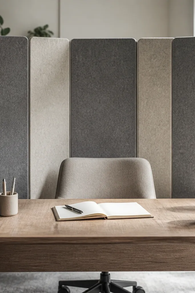Felt panel backdrop behind desk with simple shelf