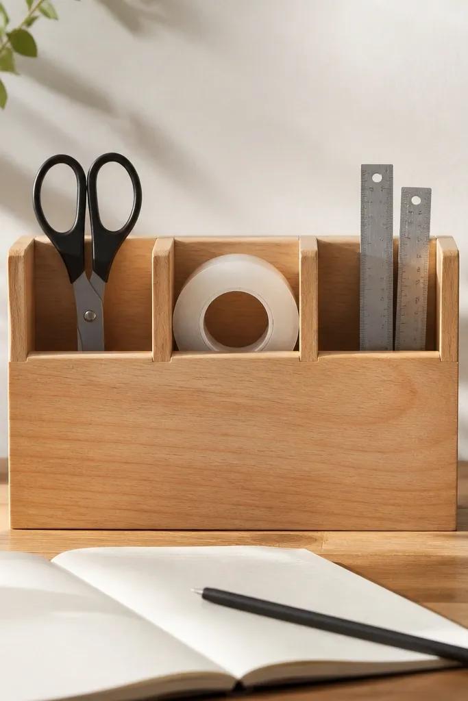 Wood stand with compartments for tools and tape