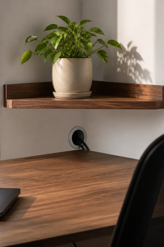 Corner shelf with cable hole pass-through