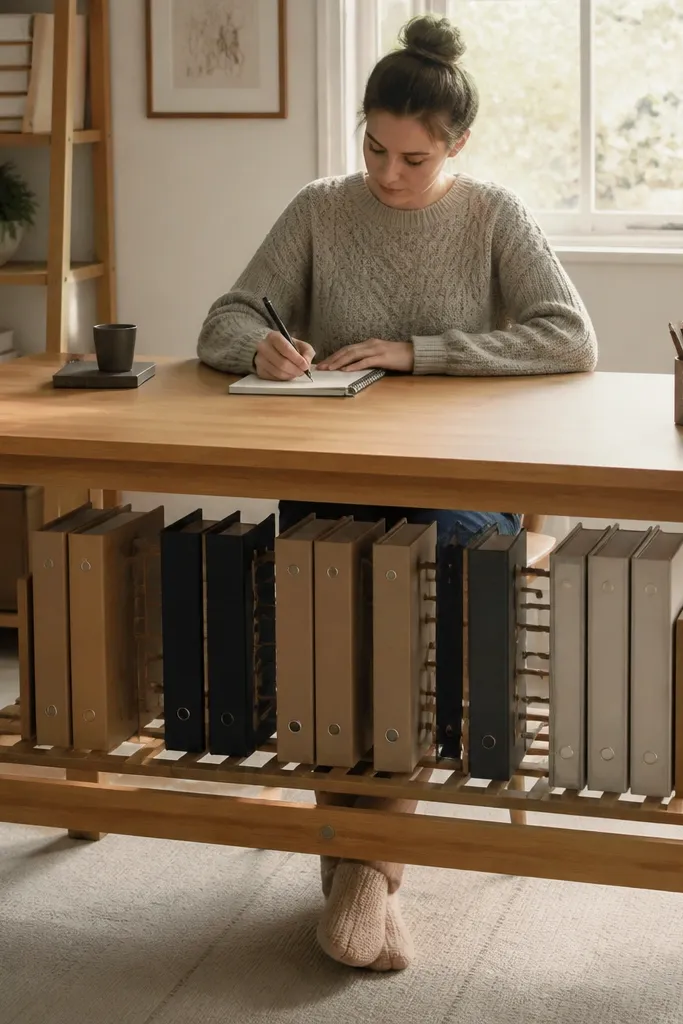 Wood slatted under-shelf under desk for binders