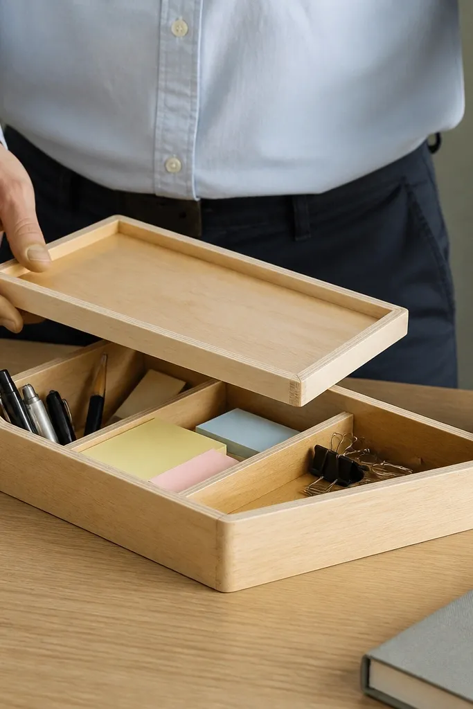 Stationery caddy with top tray on desk