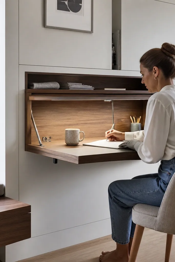 Wall desk with a lift-up flap and hidden storage behind it