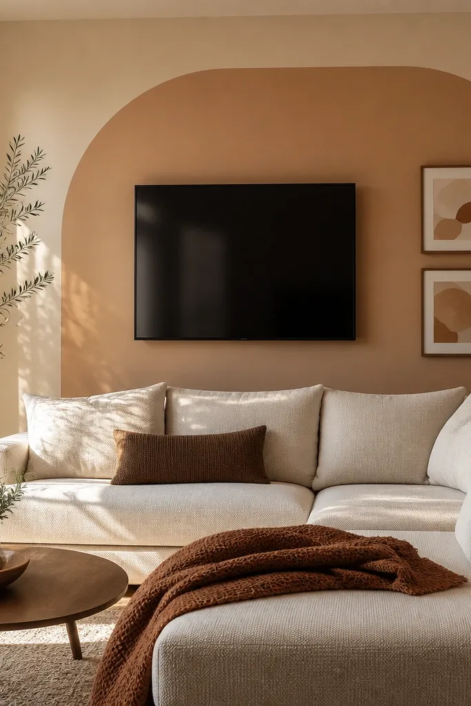 Beige and warm white wall with a hand-painted arch above the sofa