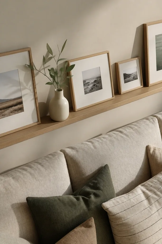 White picture ledge with small frames and stacked books above a sofa
