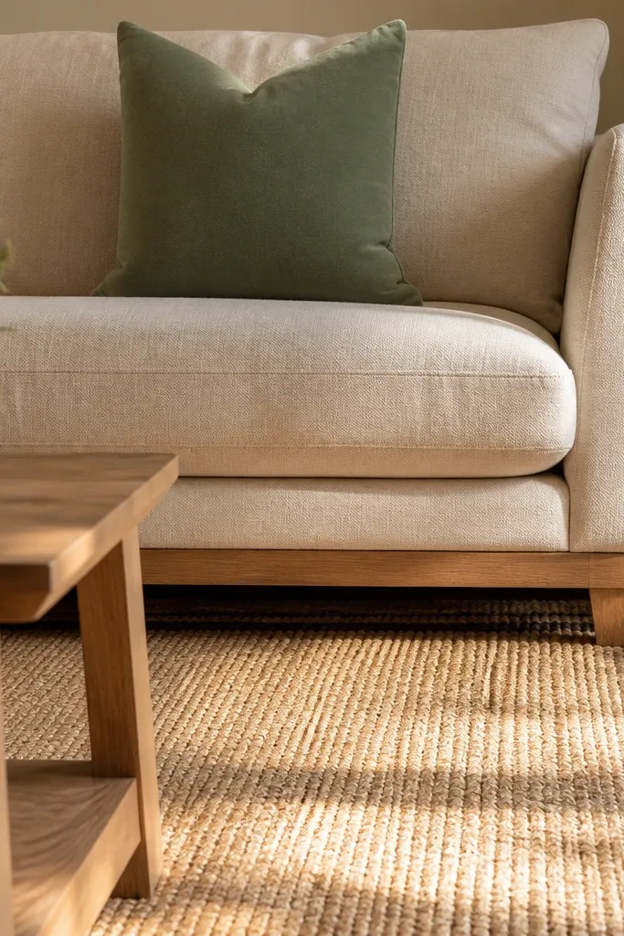 Jute rug with a simple border and a single mustard cushion on a sofa