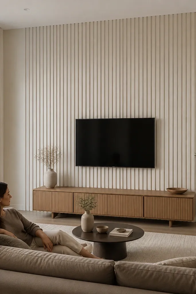 Vertical wood-look slats on one wall behind a sofa with neutral decor