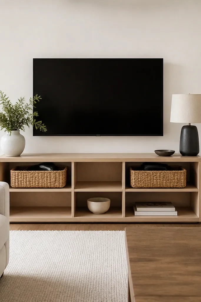 Low TV console with open shelves and matching woven baskets