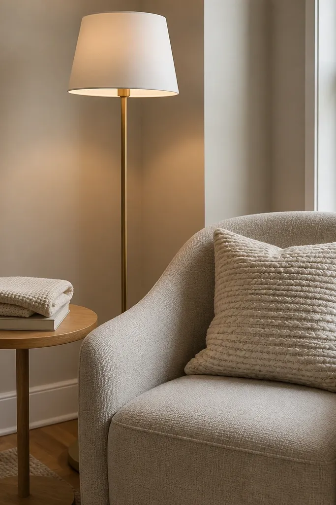 Sofa corner with a slim floor lamp, small side table, and a throw blanket
