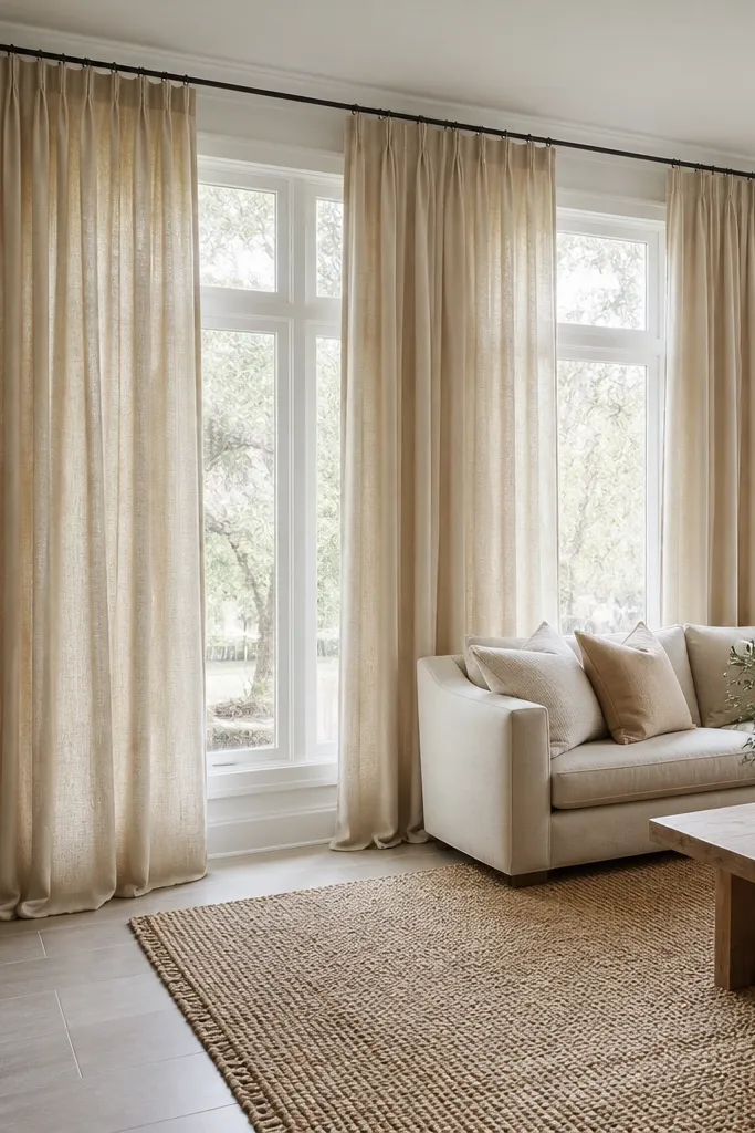 Floor-length cream curtains with slight pooling and a neat curtain rod