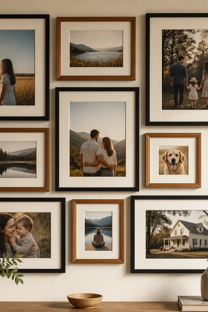 Mixed black frames and warm wood frames arranged neatly on a living room wall