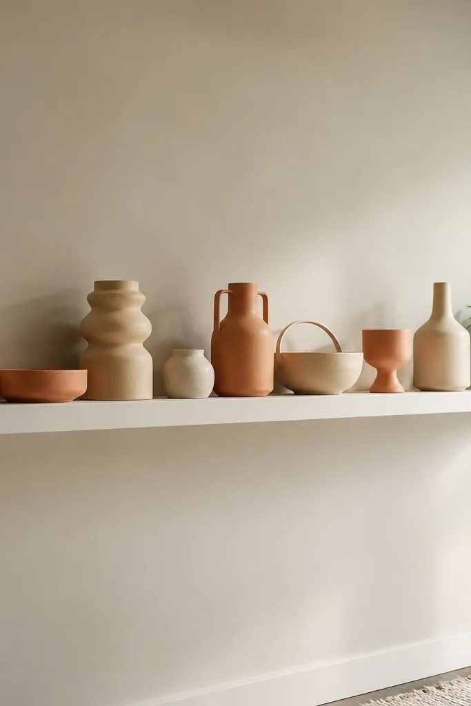 Floating shelf with cream ceramics and one plant near the corner