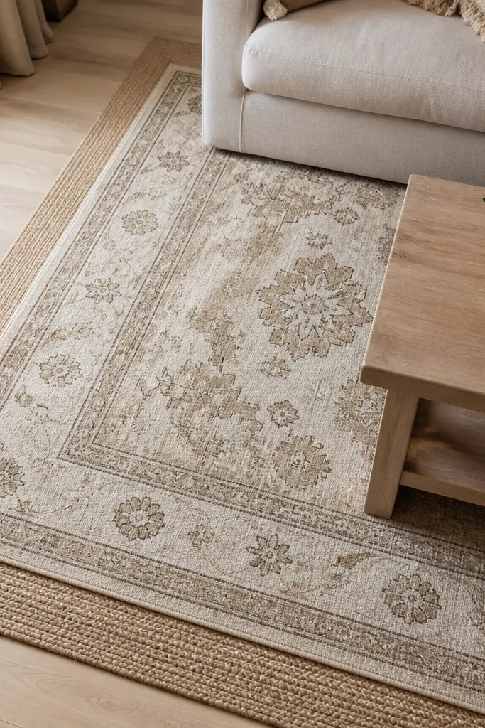 Thin flatweave rug under a patterned rug in a seating area