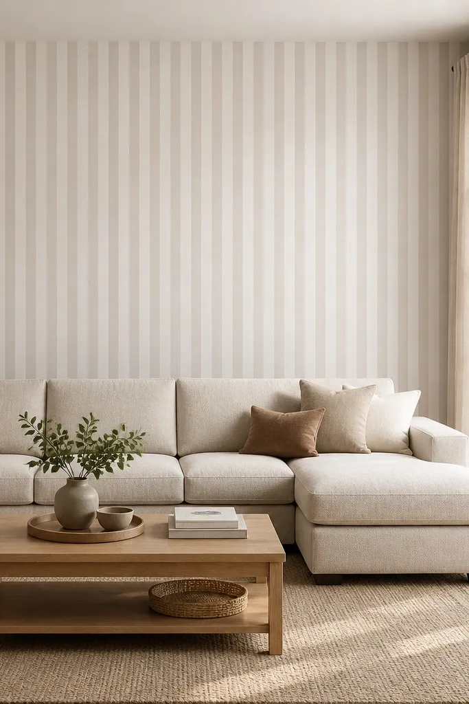 Matte vertical stripe wallpaper on the window wall with neutral curtains