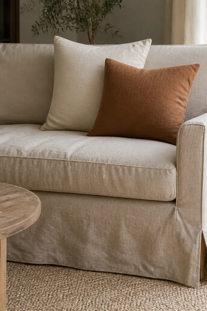 Beige textured slipcovered sofa with two matching cushions