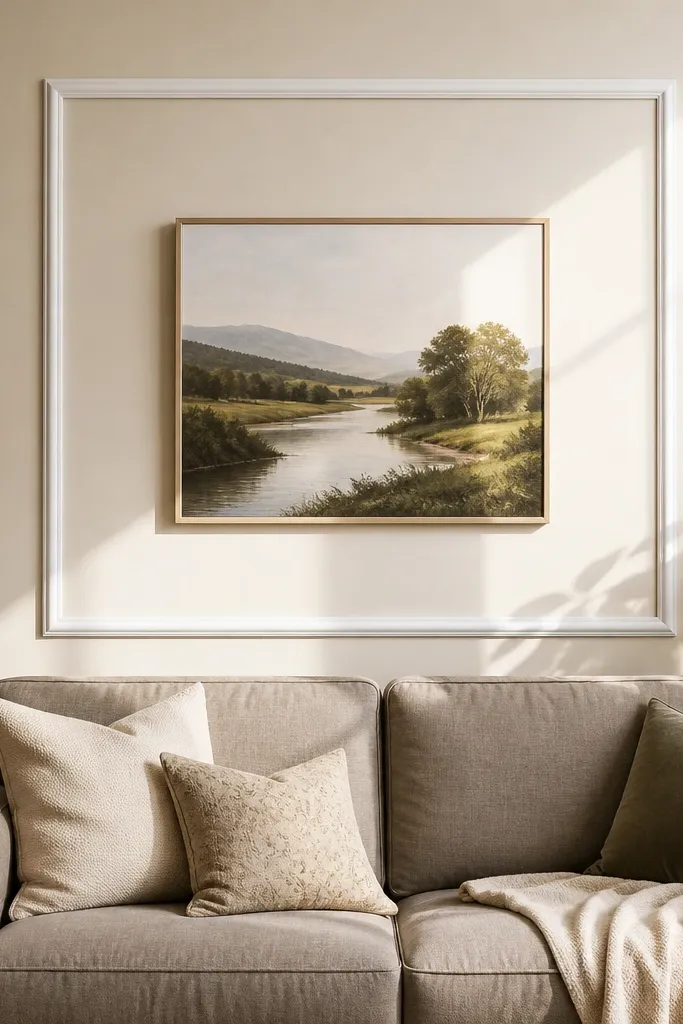 White wall molding frame around a single centered artwork above sofa