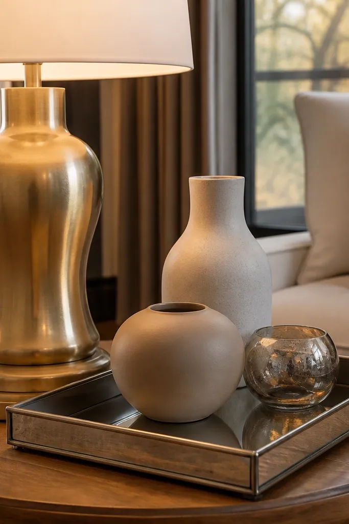 Coffee table with a mirrored tray and a small metallic lamp