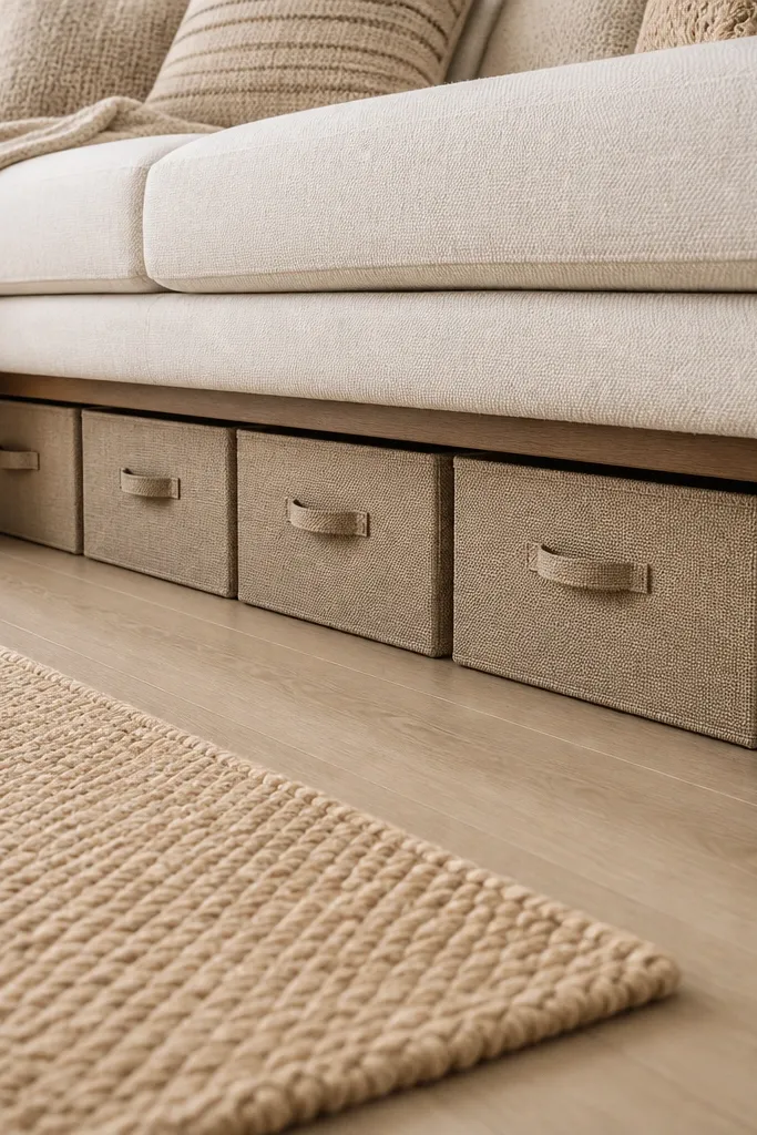Fabric storage bins tucked under a sofa with neutral covers