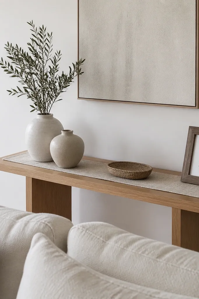 Slim console table behind sofa with two vases and a runner