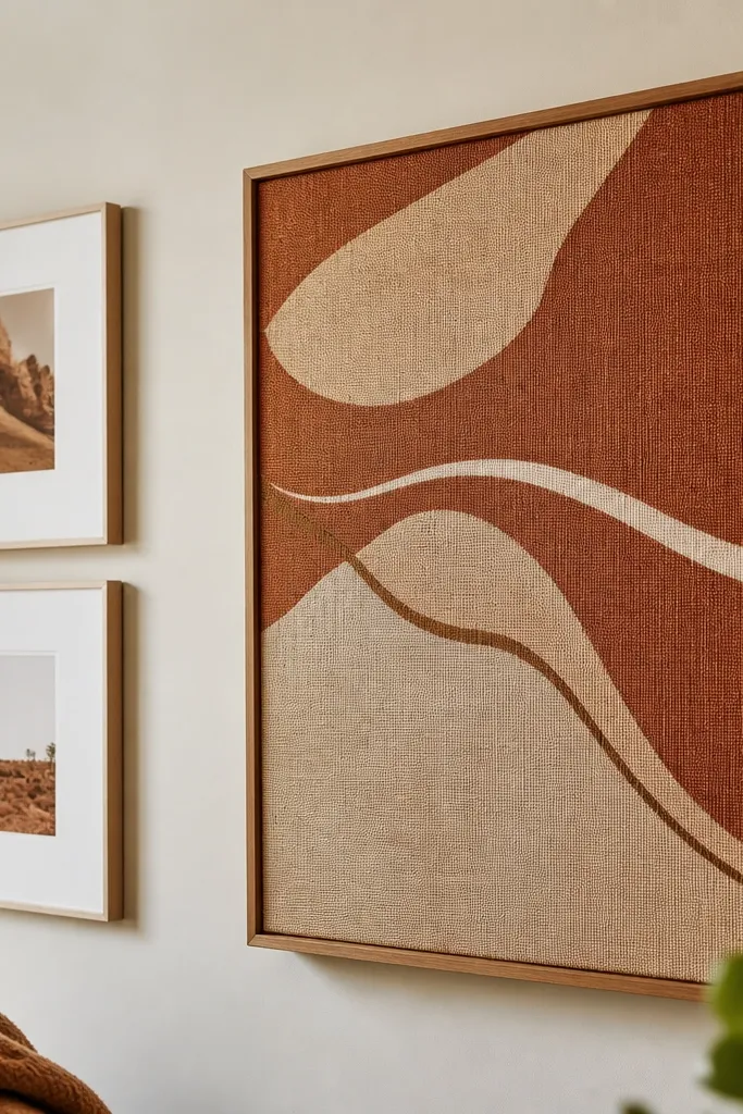 Fabric wall art panel in a wooden frame above the sofa