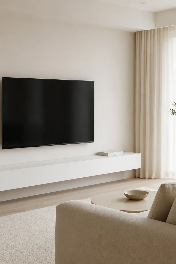 Matte white TV wall with hidden cables and a floating shelf