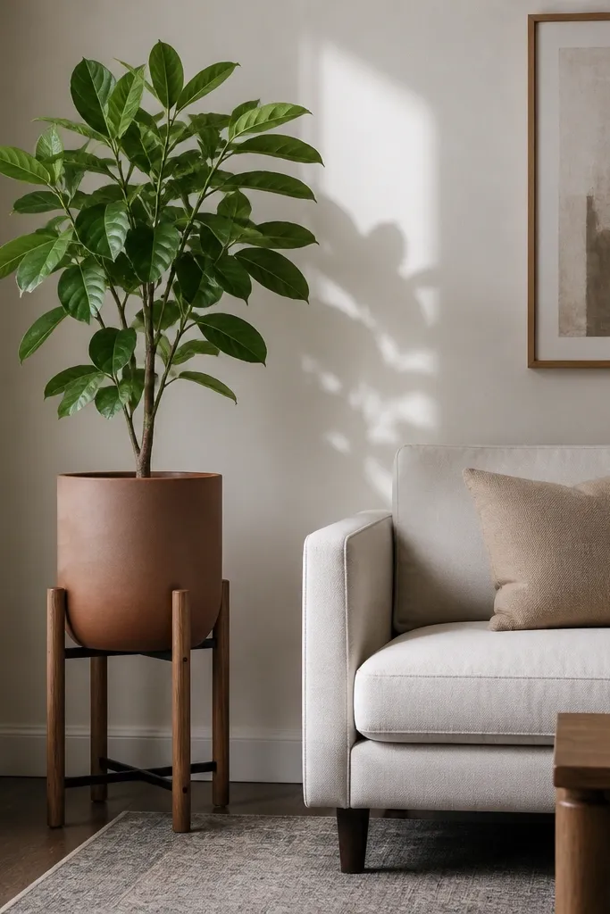 Corner plant stand with one tall leafy plant and a neutral pot cover