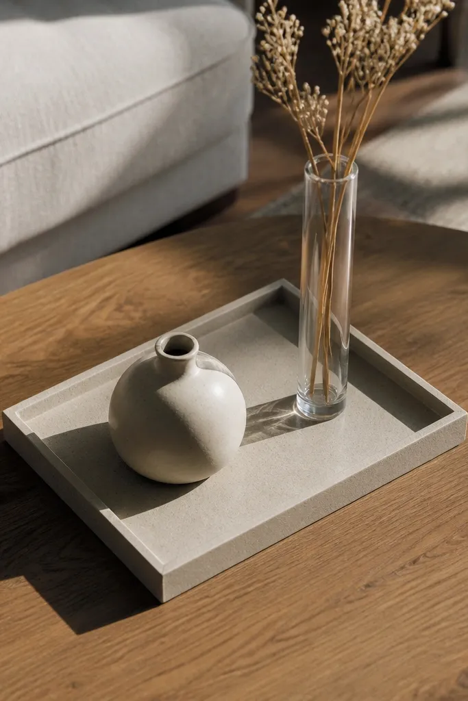Coffee table with a tray, one tall vase, and one low candle