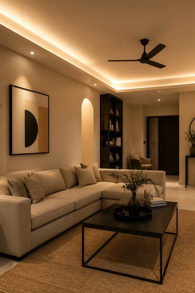 Warm wall glow from ceiling lights with neutral walls and sofa seating