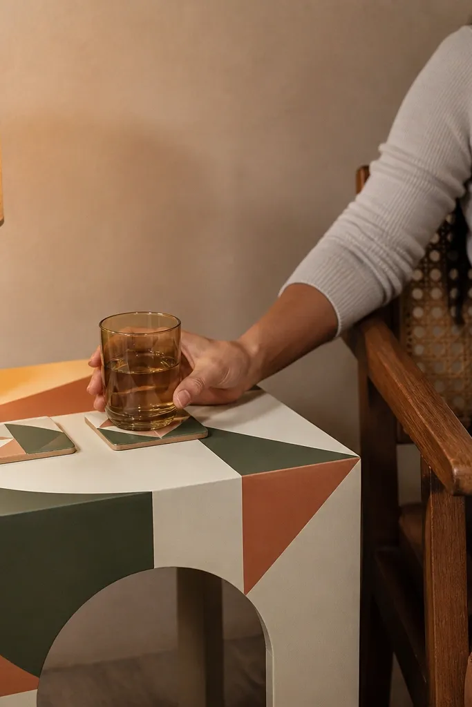 Two small painted side tables with simple geometric patterns and matching coasters