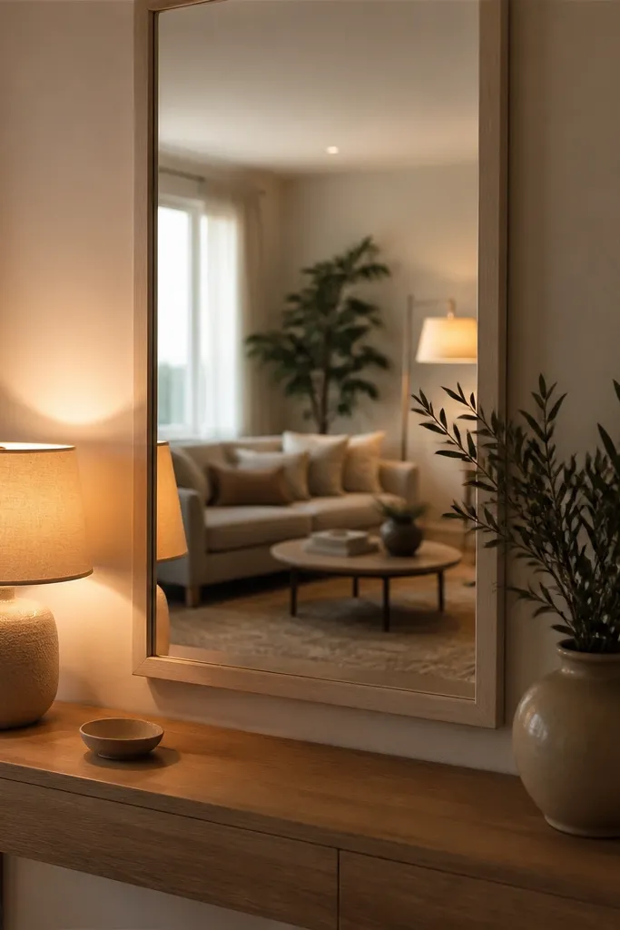Framed mirror above a narrow console with a warm lamp beside it