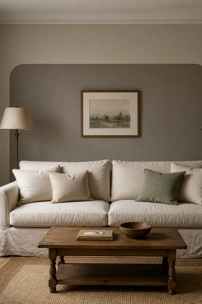 Small matte accent patch behind seating in warm taupe with neutral furniture