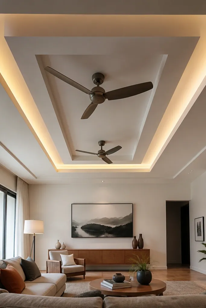 Two ceiling fans under a centered double rectangular border with warm LED strip lighting.