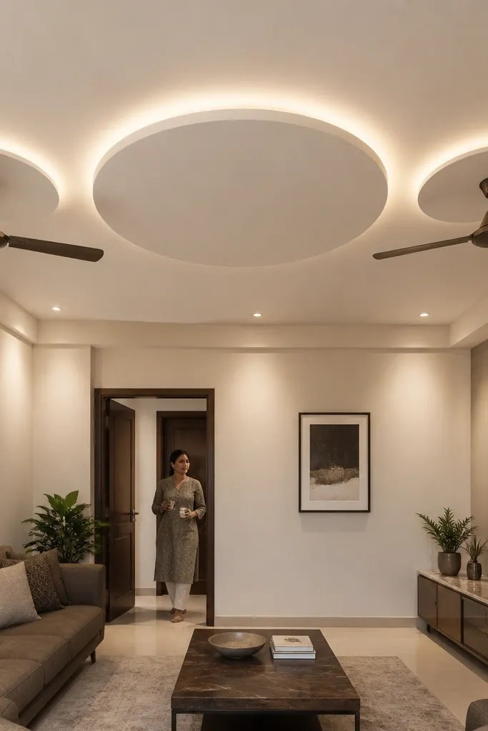 A central ceiling medallion with two fans placed symmetrically along a line.